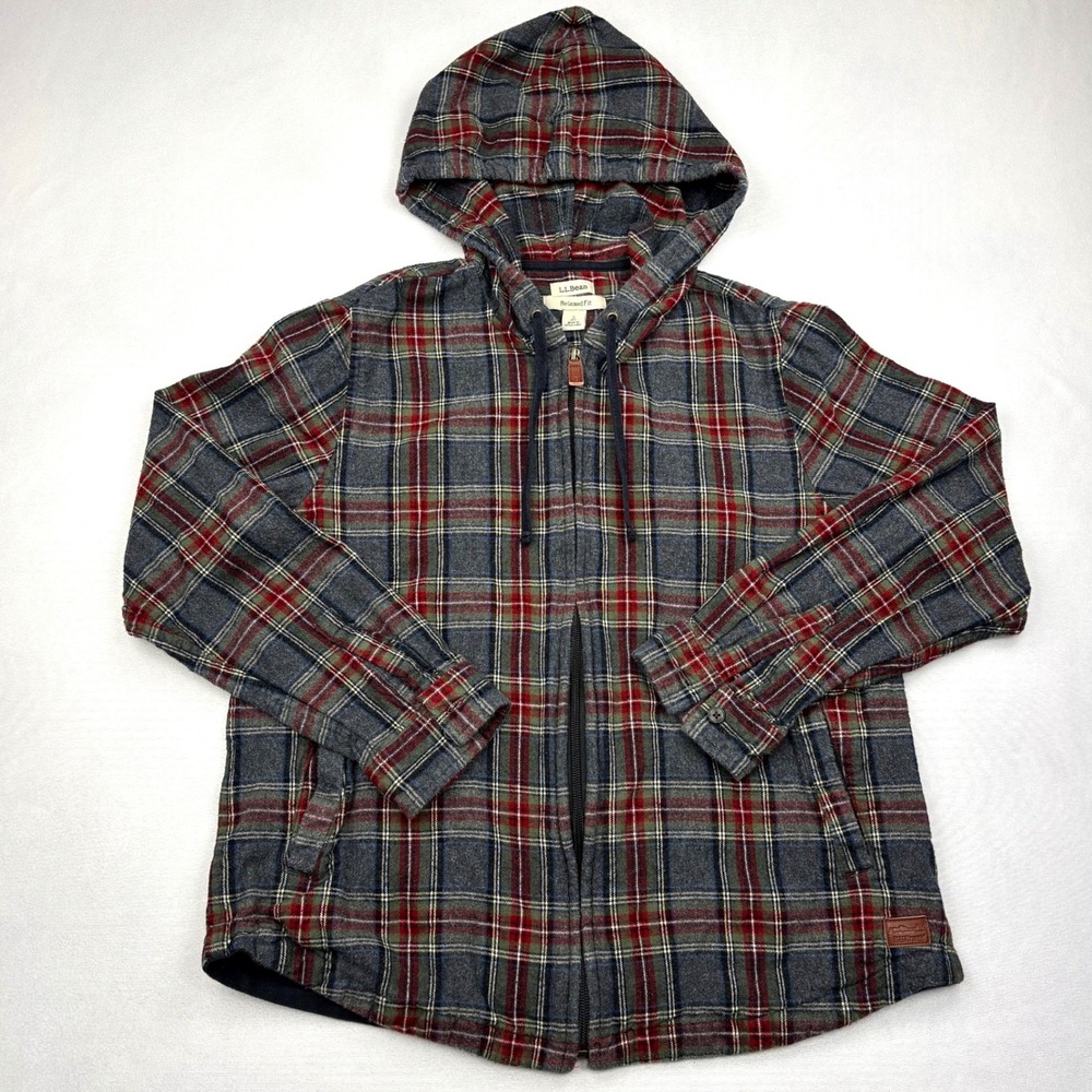 LL Bean Jacket Womens Small Petite Gray Red Plaid Hooded Flannel Full Zip 505490